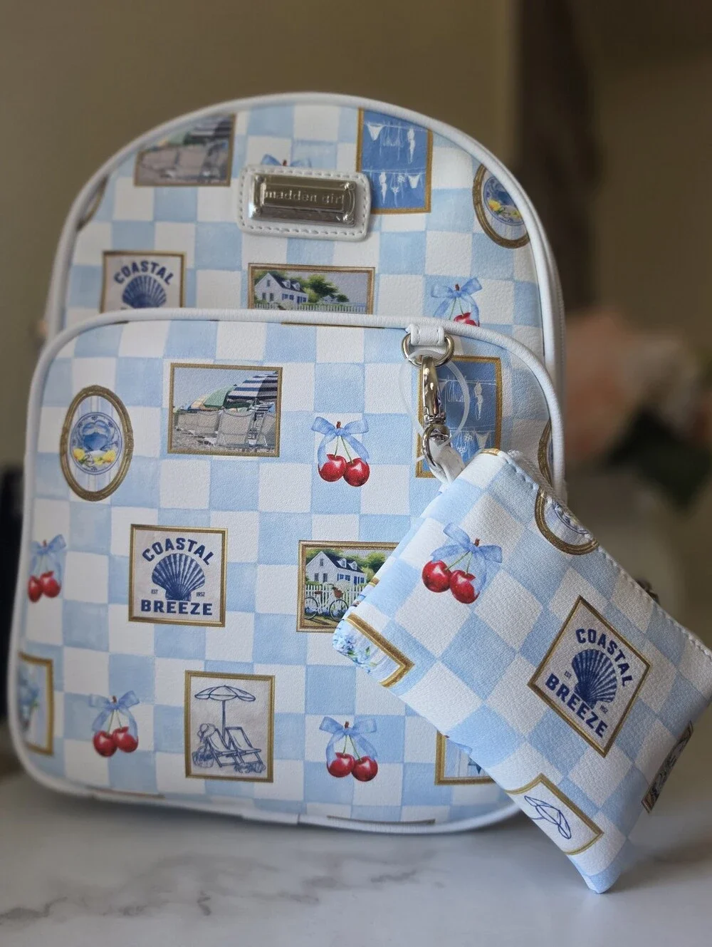Madden Girl Coastal Breeze Mini Backpack & Coin Pouch Set Blue Gingham - NWT